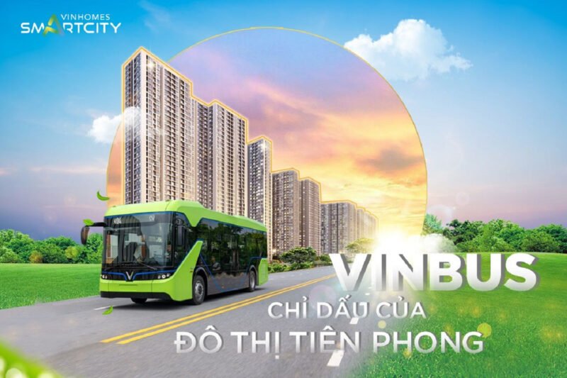 Hình ảnh minh họa một chiếc xe buýt điện VinBus hiện đại đang dừng tại trạm sạc hoặc điểm đỗ trong khu đô thị