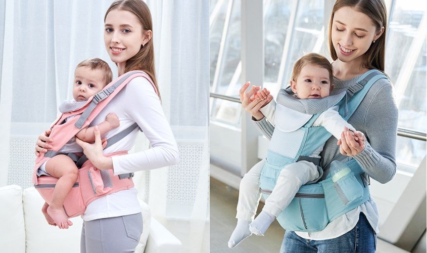 Hình ảnh minh họa một người đang địu em bé bằng địu balo, tư thế ngồi vững vàng trên xe máy