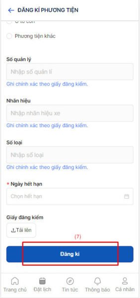 Hình ảnh minh họa nhập thông tin đăng ký phương tiện