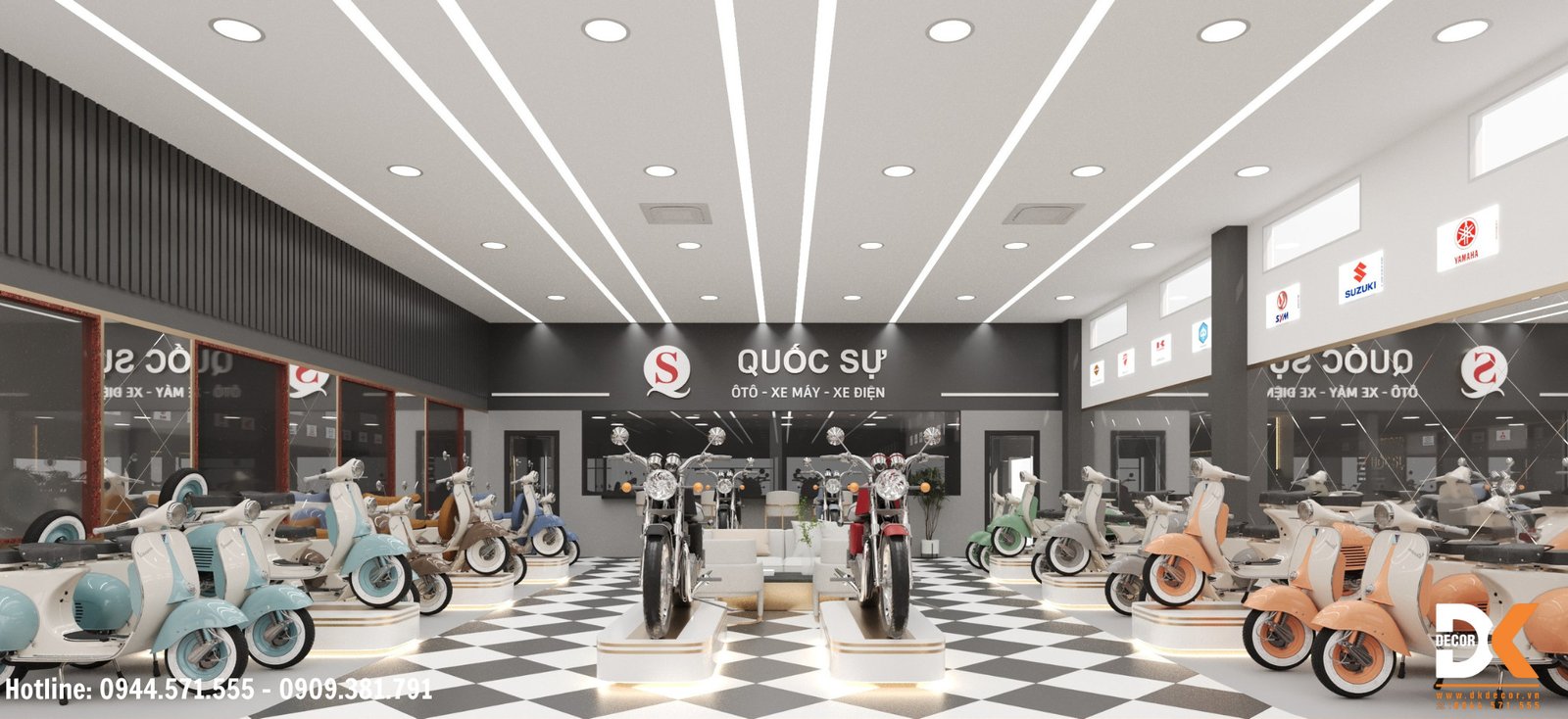 Hình ảnh mô phỏng cách sắp xếp các dòng xe máy theo nhóm trong một showroom