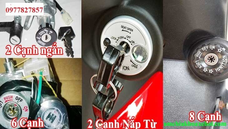 Hình ảnh mô tả chi tiết các loại chìa và ổ khóa xe máy cơ học khác nhau, từ khóa răng cưa đến khóa nhiều cạnh