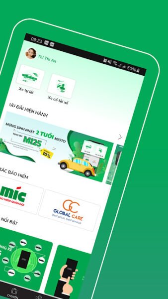 Hình ảnh mô tả giao diện một ứng dụng thuê xe máy, nhấn mạnh sự tiện lợi và tốc độ kết nối giữa người thuê và chủ xe tại Hà Nội