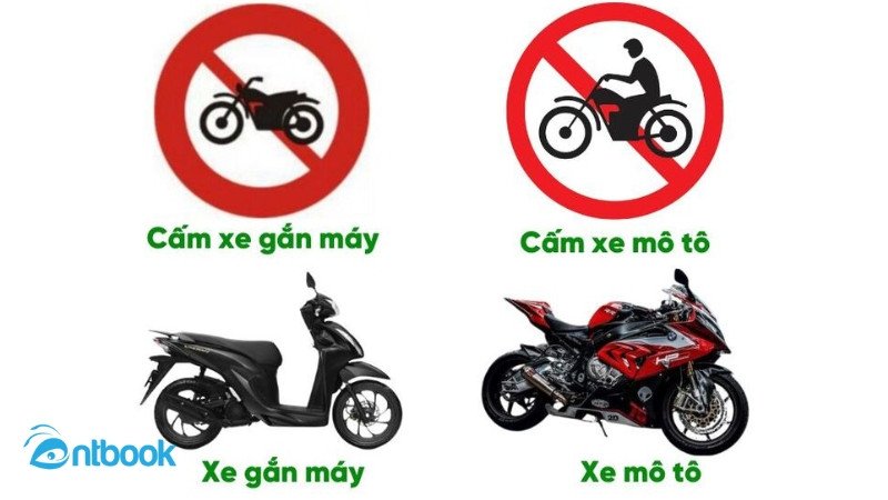 Hình ảnh mô tả sự khác biệt giữa biển cấm xe máy và biển cấm xe gắn máy