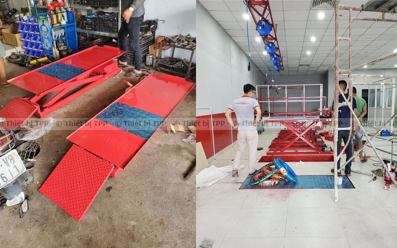 Hình ảnh một chiếc bàn nâng xe máy đang nâng đỡ một chiếc xe tay ga tại tiệm sửa chữa