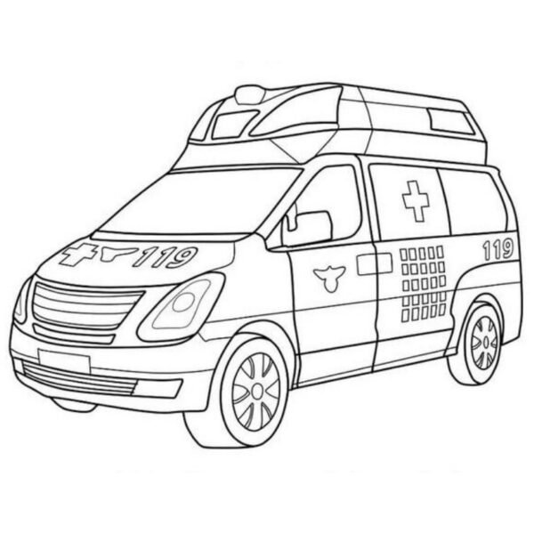 Tranh Tô Màu Xe Cứu Thương: Hoạt Động Giúp Bé Yêu Nghề Y Hình ảnh một chiếc xe cứu thương màu trắng và đỏ với các đường nét đơn giản, rõ ràng cho bé tô màu
