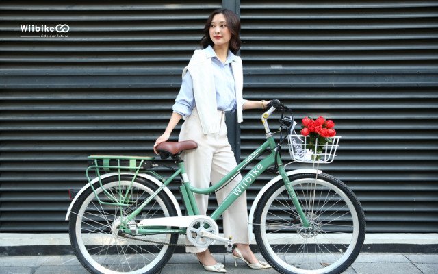 Hình ảnh một chiếc xe đạp trợ lực điện nữ với thiết kế thanh lịch, màu sắc trang nhã