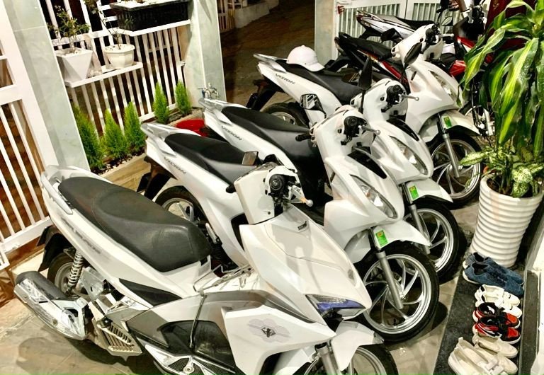 Hình ảnh một chiếc xe máy đang được kiểm tra kỹ lưỡng trước khi bàn giao cho khách thuê tại Đà Lạt