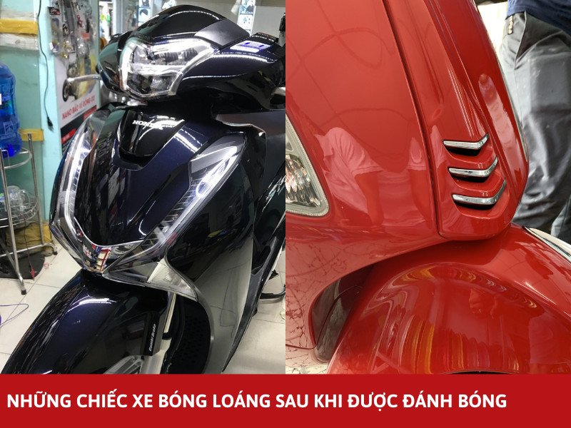 Hình ảnh một chiếc xe máy sau khi được làm bóng toàn diện, phản chiếu ánh sáng tốt