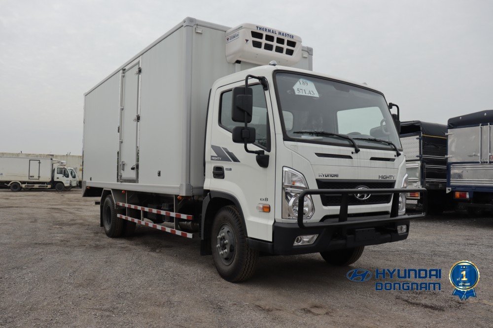 Hình ảnh một chiếc xe tải Hyundai EX8 thùng đông lạnh đang vận chuyển thực phẩm tươi sống