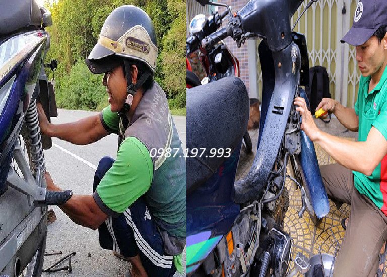 Hình ảnh nhân viên cứu hộ xe máy đang hỗ trợ khách hàng bên vệ đường vào buổi tối
