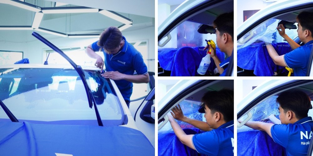 Hình ảnh tập trung vào hiệu ứng giảm chói của phim cách nhiệt trên kính lái dưới ánh sáng mạnh