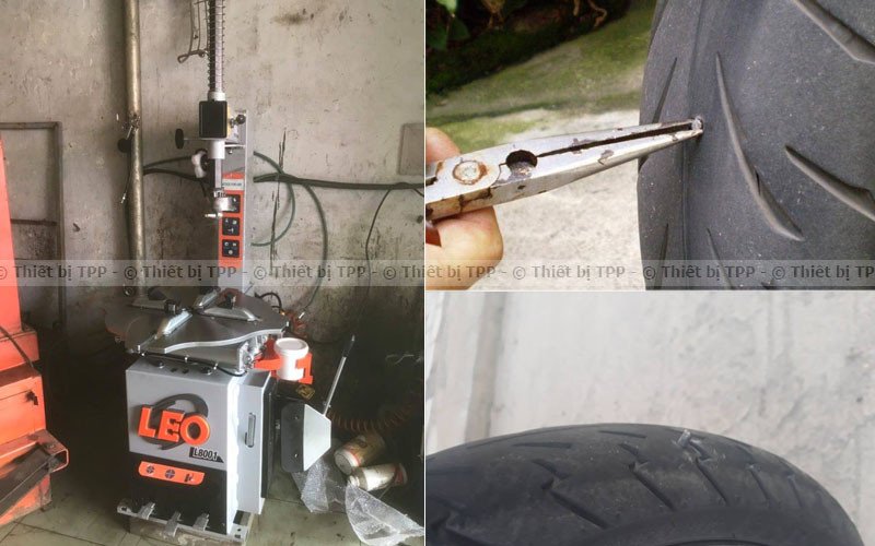 Hình ảnh thợ đang vá lốp xe máy bị đinh găm