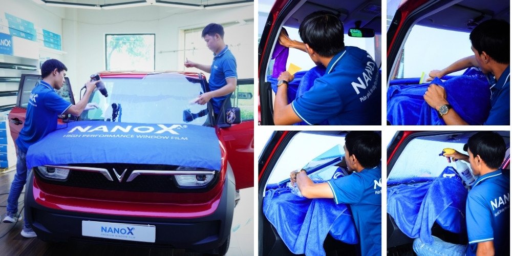 Hình ảnh tổng thể cho thấy sự khác biệt rõ rệt về độ sáng và màu sắc qua kính lái đã dán phim