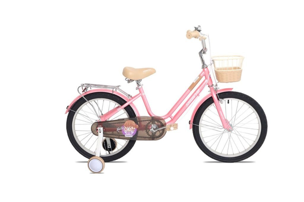 Hình ảnh xe đạp trẻ em gái màu hồng với giỏ xe phía trước