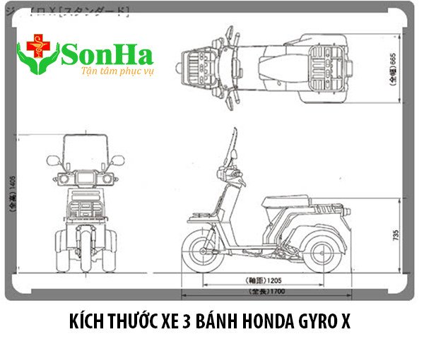 Kích thước tổng thể của Honda Gyro X cho thấy sự cân đối giữa bánh trước và hai bánh sau