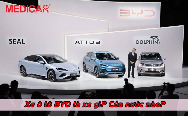 Logo của hãng xe BYD và một mẫu xe điện đang sạc