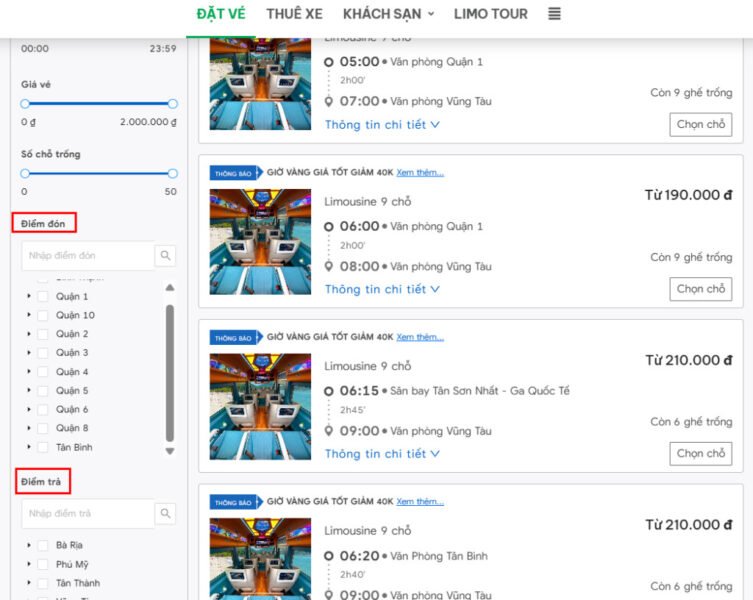 Lựa chọn điểm đón và giờ khởi hành thuận tiện cho chuyến đi của bạn
