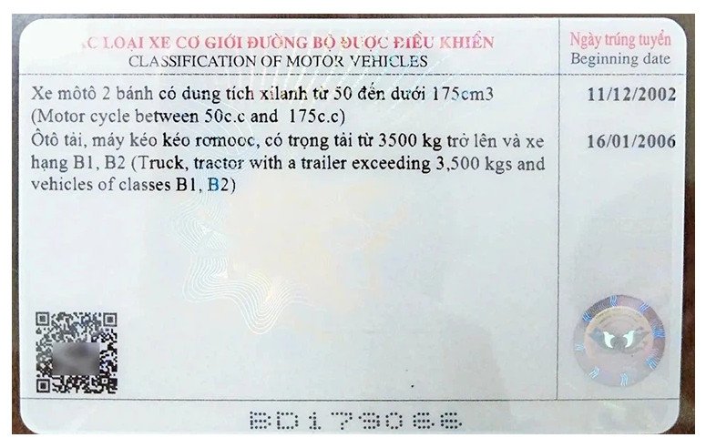 Mã QR code được in trên mặt sau bằng lái xe PET
