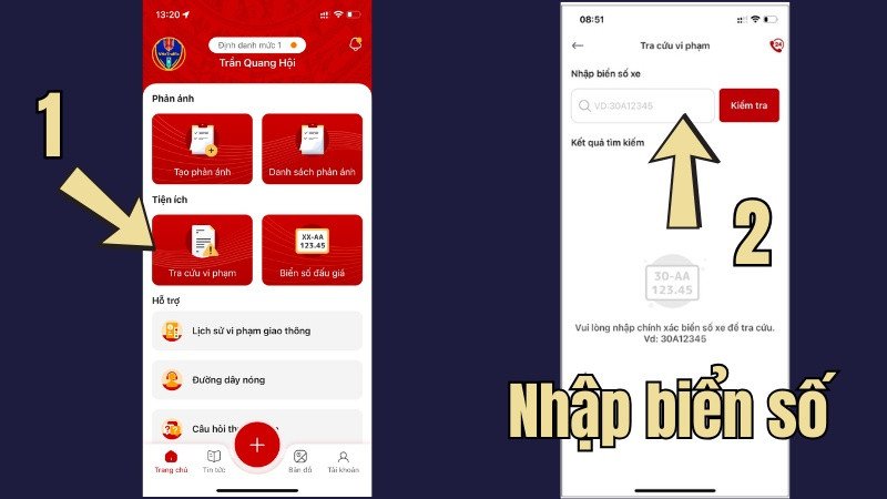 Màn hình ứng dụng VNeTraffic hỗ trợ tra cứu vi phạm giao thông