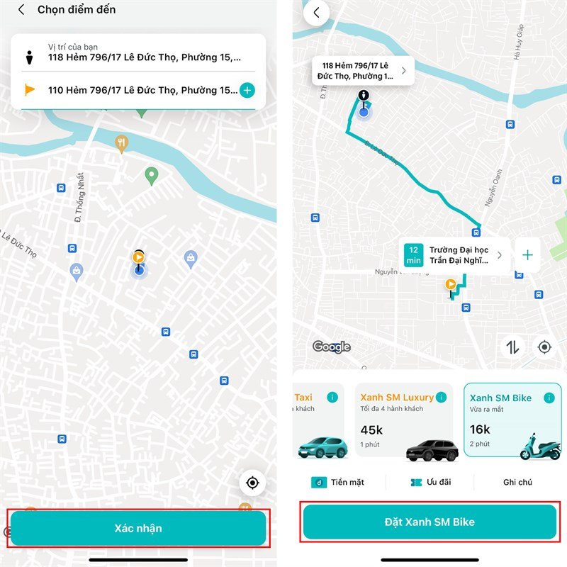 Màn hình xác nhận đặt xe máy và chờ tài xế đến đón