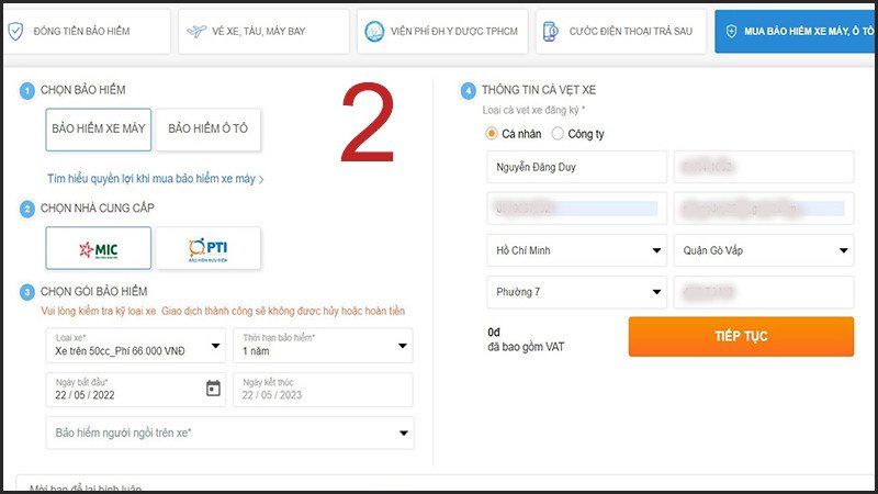 Minh họa các bước thực hiện giao dịch mua bảo hiểm xe máy online