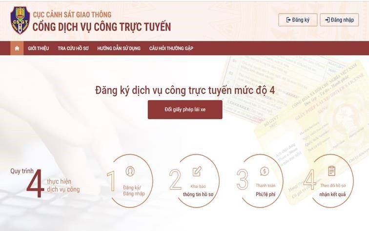 Minh họa giao diện cổng dịch vụ công trực tuyến cấp đổi bằng lái xe
