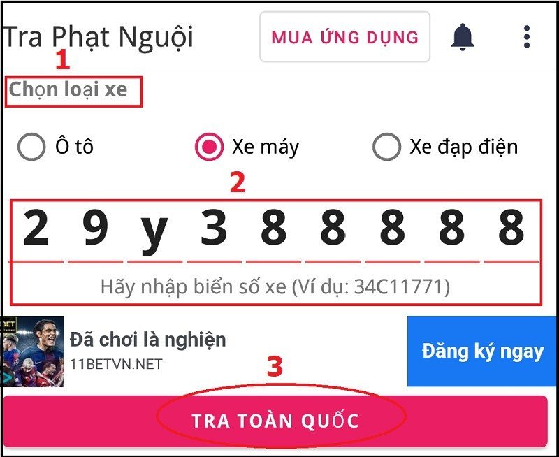 Minh họa giao diện ứng dụng tra cứu vi phạm trên điện thoại