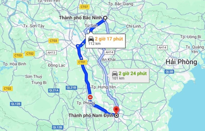 Minh họa tuyến đường di chuyển giữa hai tỉnh thành Bắc Ninh và Nam Định