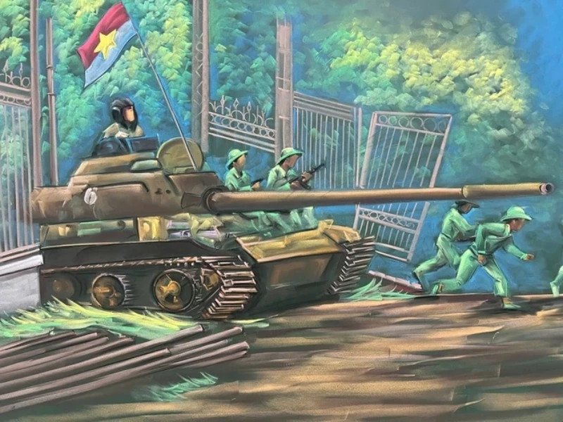 Mô tả chi tiết một chiếc xe tăng quân đội Việt Nam với số hiệu rõ ràng trong một bức tranh sơn dầu