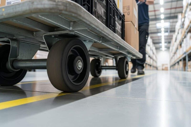 Mô tả về một công nhân đang đẩy xe hàng sử dụng bánh xe cao su di chuyển êm ái trên sàn xưởng