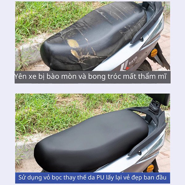 Một chiếc xe máy được trang bị bọc yên chống nước màu đen tạo vẻ ngoài thể thao