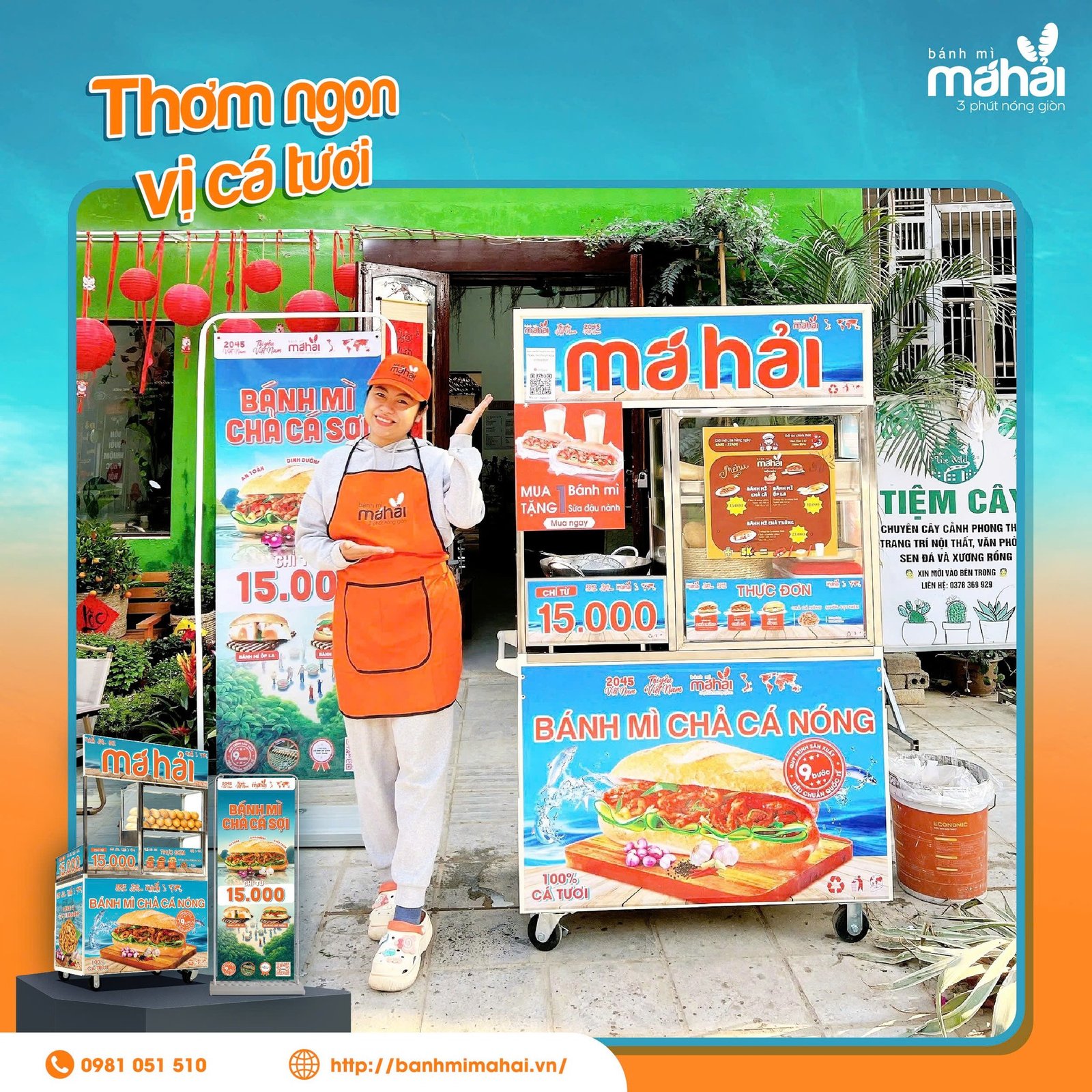 Một góc nhìn cận cảnh bộ dụng cụ bếp và cách sắp xếp nguyên liệu trên xe bánh mì