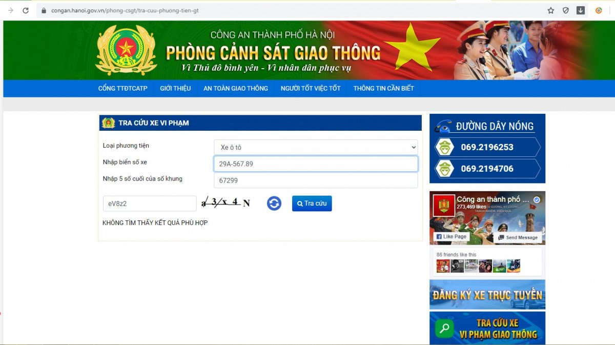 Nếu xe không vi phạm, trang web sẽ hiện dòng chữ Không tìm thấy kết quả phù hợp ở phía dưới