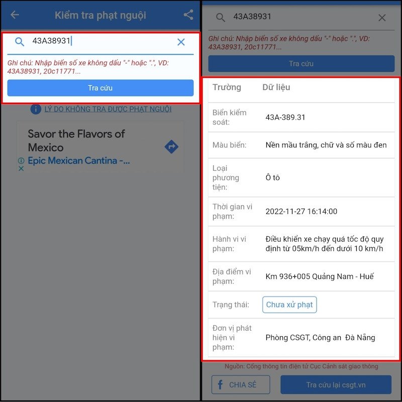 Nhập thông tin cần thiết để kiểm tra phạt nguội
