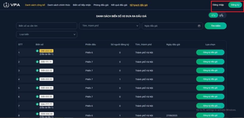 Quy trình đăng ký tài khoản đấu giá biển số xe trực tuyến