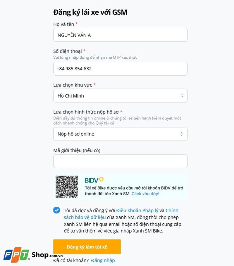 Quy trình đăng ký trực tuyến để trở thành tài xế Xanh SM xe máy