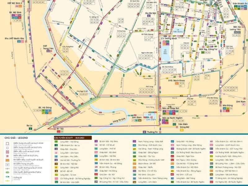 Sơ đồ các tuyến xe buýt chính tại Hà Nội, giúp xác định xe buýt Hà Nội chạy đến mấy giờ