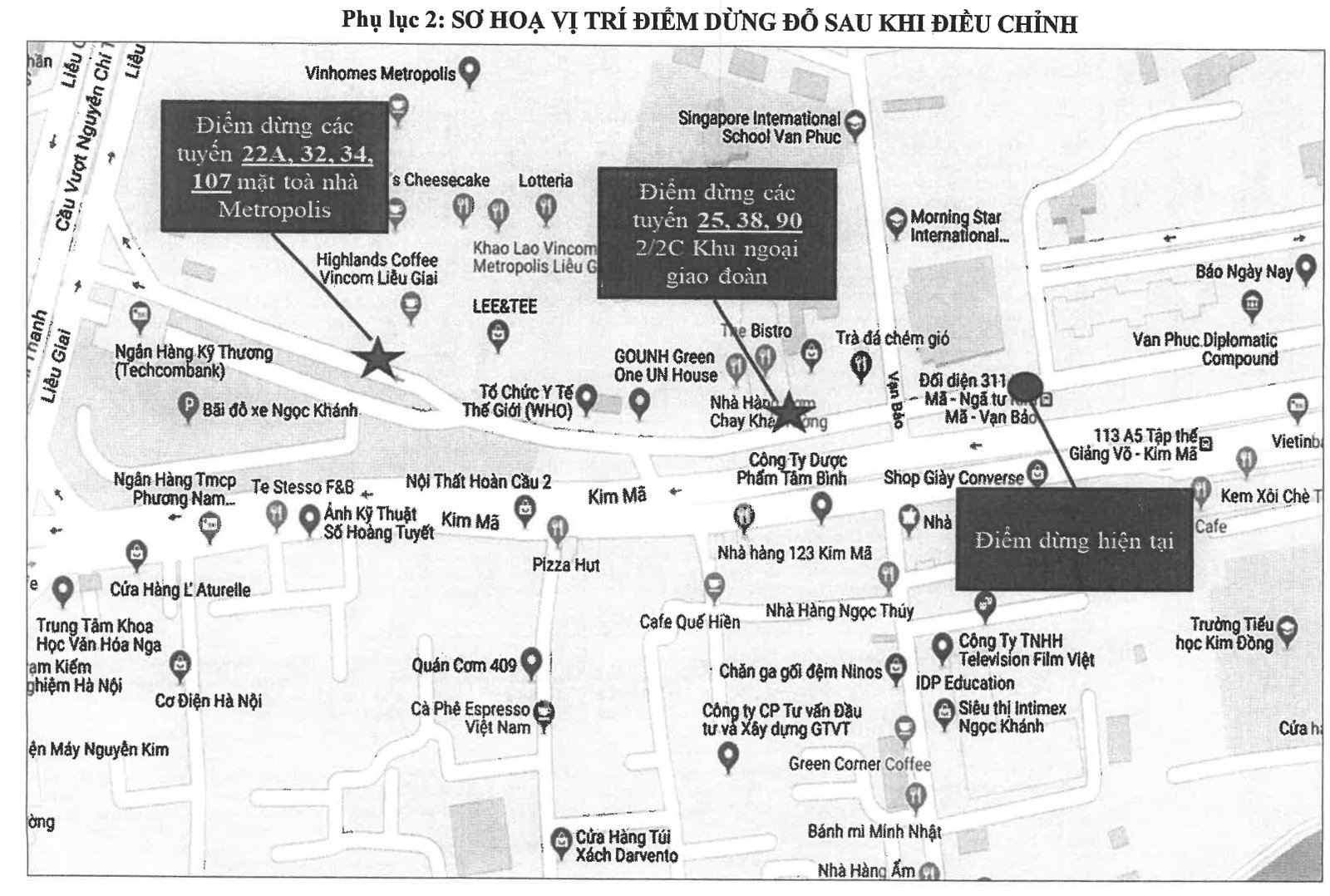 Sơ đồ minh họa các điểm dừng xe buýt được điều chỉnh trên tuyến đường