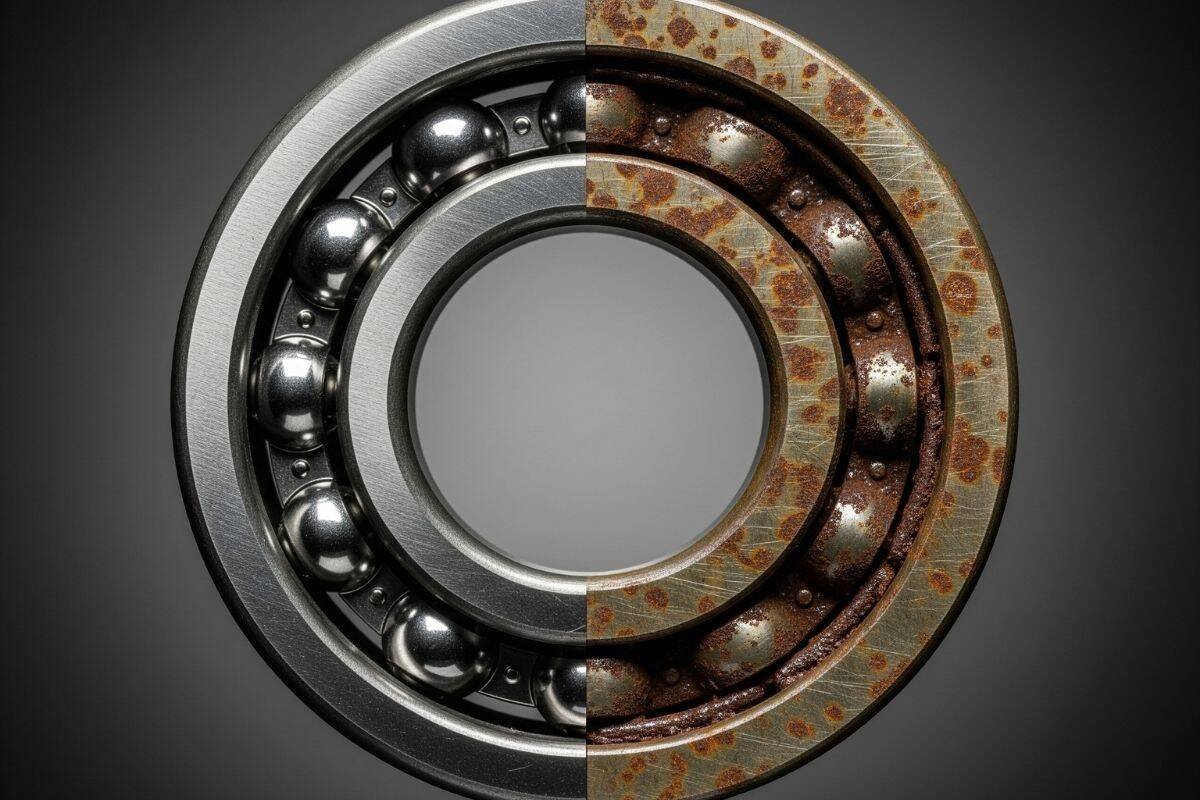 So sánh vòng bi cầu chính xác mới và bạc lót cũ bị mòn do ma sát