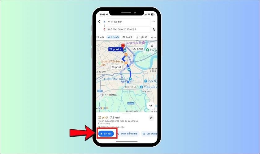 Thao tác chọn biểu tượng xe máy trong Google Maps để tìm lộ trình tối ưu