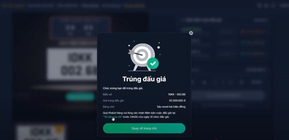 Thông báo kết quả và quy định nộp tiền trúng đấu giá