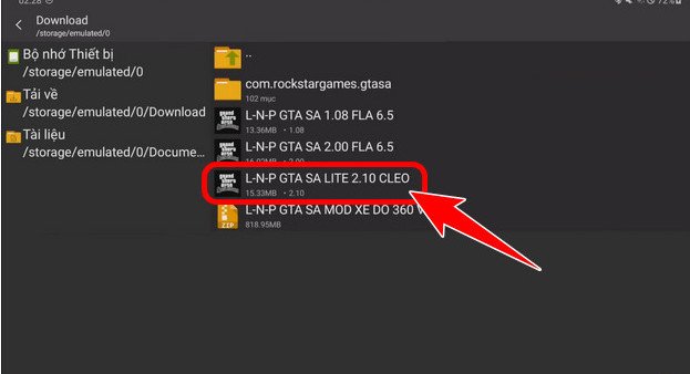 Tìm kiếm và chọn file cài đặt .apk để cài mod xe GTA San