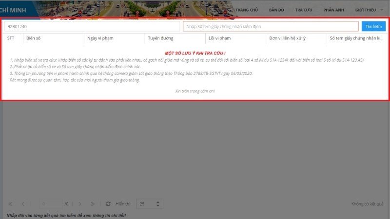 Tra cứu phạt nguội ô tô trên trang web của Sở Giao thông Vận tải