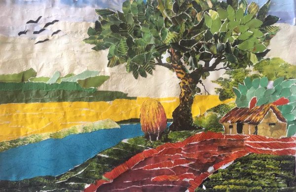 Tranh xé dán phong cảnh làng quê yên bình nhiều màu sắc