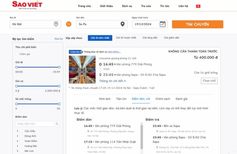 Văn phòng đại diện của Nhà xe Sao Việt tại Hà Nội và Lào Cai